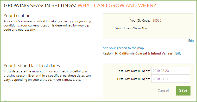 Smart Gardener Frost Date Settings