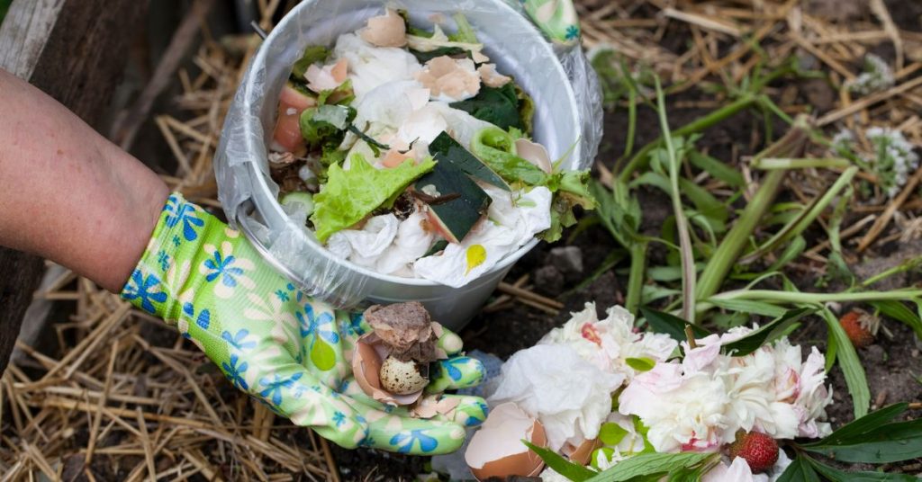 a hand with a garden glove adding kitchen scraps (egg shells, watermelon rind, lettuce leaves, tea bags, etc.) to a compost bin with other plant cuttings and straw
