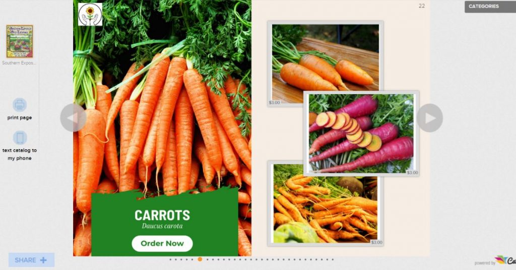 a screenshot of the Southern Exposure Seed Exchange digital seed catalog, showing two pages of orange and red carrots